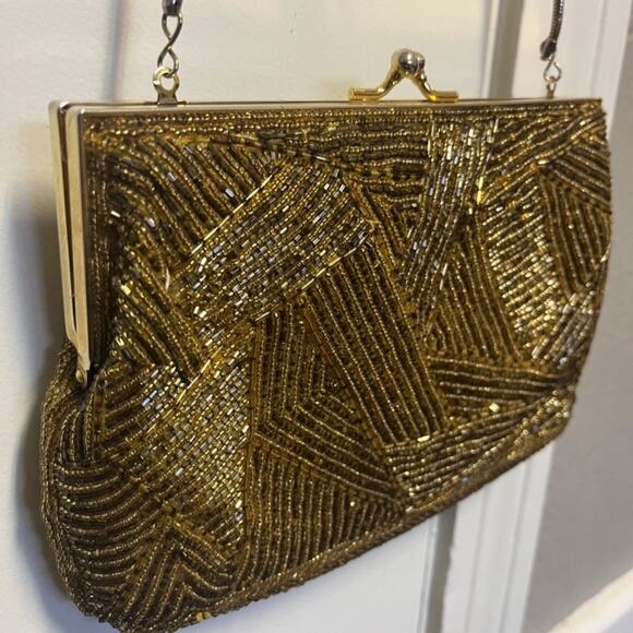Vintage 1980s GOLD Geometric Beaded Luxury Designer Evening Bag Pristine 1 - Picture 5 of 12